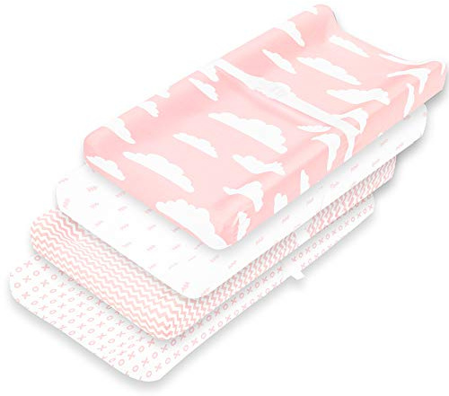 Premium Baby Changing Pad Covers 4 Pack – Girl – Pure Cotton Machine Washable Pink and White Changing Table Cover – Diaper Changing Pad Cover Sheets