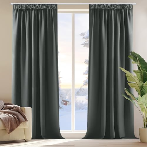 Deconovo Cortinas Opacas Térmicas, 2 Piezas, 140x210 cm, Gris Oscuro | Aislantes de Frío y Calor, Cinta Multifunción Tipo Fruncidora, Reducción de Luz y Privacidad para Dormitorio y Salón