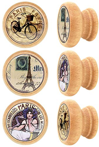 Lashuma 6 teiliges Knopf Set Möbelgriffe, Bedruckte Schubladenknaufe Motiv: Paris, Runde Holzknaufe Ø 4 cm