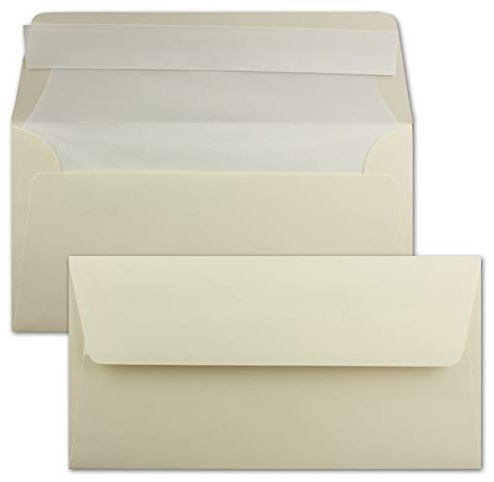100x Briefumschläge DIN Lang 11 x 22 cm gerippt in Creme gefüttert mit weiß em Seiden-Papier 110 g/m² Haftklebung