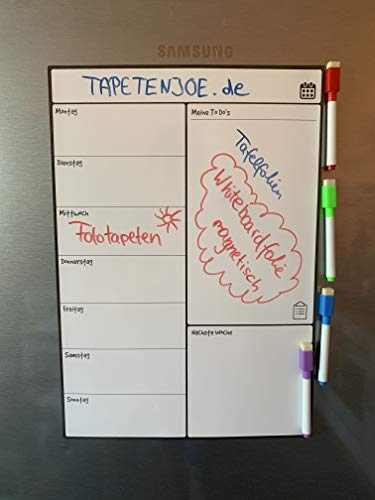 Whiteboard-Folie magnetischer Wochenplaner I Kühlschrank Kalender I beschreibbar, nass und trocken abwischbar 43x30cm inkl. 4 Marker-Stifte