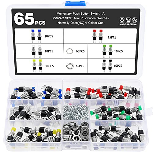 eROOSY 65 Stücke Mini Momentaner Druckknopfschalter 2 pin 1A 250AC SPST Mini Drucktastenschalter Schließer (NO) Mini Drücken Taster Schalter