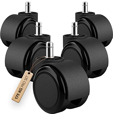RAVN HAMAN Set di 5 Ruote per sedie da ufficio 11 mm x 22 mm - - Ruote per pavimenti duri fino a 175 kg - - Rotelle per sedie girevoli resistenti all'abrasione - - Facile installazione senza attrezzi