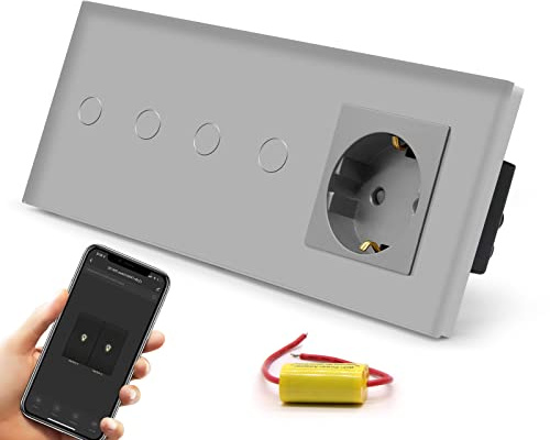 BSEED Doppelt Smart Alexa Wlan Lichtschalter Ohne Neutralleite mit KEIN wifi Steckdose, WIfI Touch Schalter aus Glas, Alexa und Google Home Work mit Tuya, 2 Fach 228mm Grau