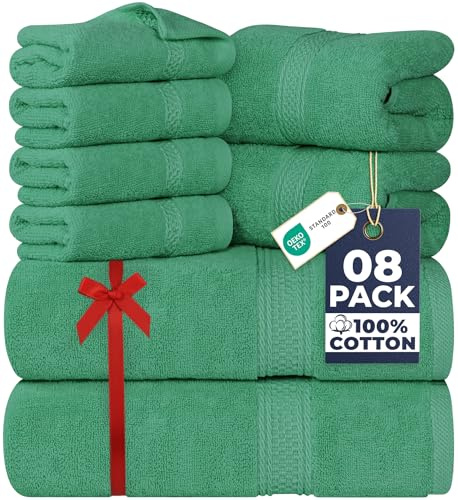 Utopia, Set di 8 asciugamani composto da 2 teli bagno, 2 ospiti e 4 lavette, in 100% cotone filato ad anelli da 600 g/m², altamente assorbenti, per bagno, palestra, hotel e spa (verde scuro)