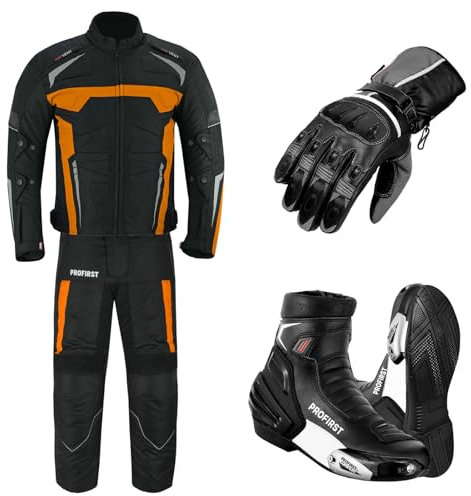 PROFIRST Motorbike Suit For men’s Motorcycle Titanum Boots 2 Piece Suit Reflective Textile Fabric and CE Approved Fully Armour - Jacket+Trouser+Boots+Gloves For All Weather (M, Orange)