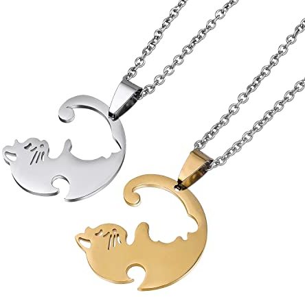 2 Stück Damen Kette Anhänger für Paar Pärchen,Lieben Freundschaftsketten Best Friends Haslkette Gravur Katze, Schmuck Partnerketten für BFF Beste Freunde Liebhaber Couple Geschenke (Gold Silber )