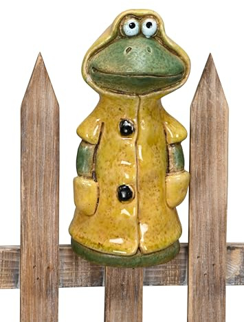 B2S BACK2SEASON Zaunfigur Frosch im Regenmantel Zaundeko Zaunhocker Steingut grün gelb H=20 cm