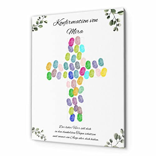 Fingerabdruck Leinwand Kommunion & Konfirmation - personalisiertes Gästebuch für Erstkommunion Taufe Konfirmation - Fingerprint Leinwände für Mädchen & Jungen - besonderes Geschenk (Kreuz)