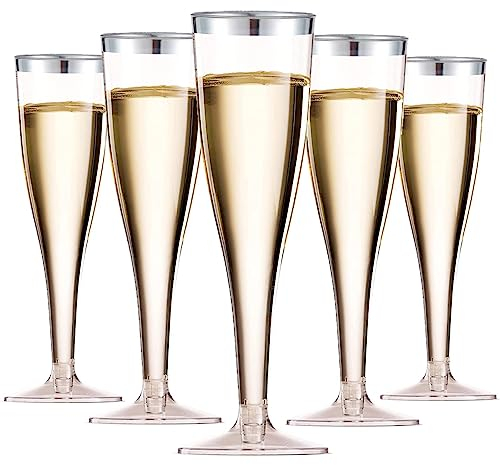 LATERN 50 Pezzi Flute da Champagne con Bordo in Argento, 150ml Bicchieri da Champagne in Plastica Bicchieri da Vino con Gambo Riutilizzabili per Anniversario Matrimonio Giardino Feste (5 x 17cm)