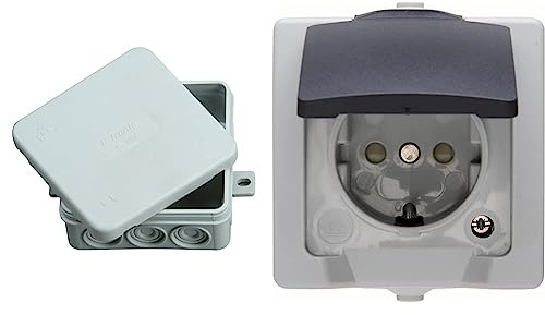 Kopp Abzweigkasten Aufputz-Feuchtraum IP 54 85x85x40 mm & Nautic 1-fach Schutzkontakt-Steckdose mit Klappdeckel und erhöhtem Berührungsschutz, Aufputz-Feuchtraum, IP44, grau