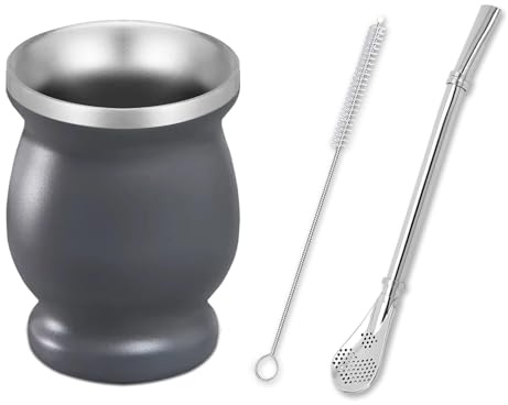 NUWIQ Mate Becher, Mate Tee Set, mit Strohhalmlöffel und Reinigungsbürste, Geeignet für Haus, Schule, Büro, Grau