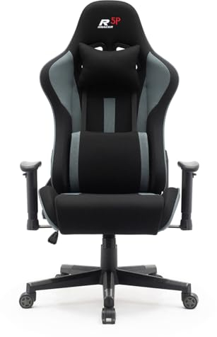 Superkancl Stoff-Gaming Stuhl SRACER R5P, Gaming Stuhl bis 130 kg, Racing Stuhl mit Kopfstütze, mit Lendenwirbelstütze, mit 2D-Armlehnen, schwarz-grau