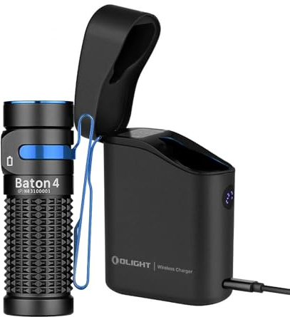 EDC Olight Baton 4 Premium Taschenlampe | Leistung 1300 Lumen | Kabelloses Ladegerät im Lieferumfang enthalten | Akkulaufzeit 190 Tage (schwarz)