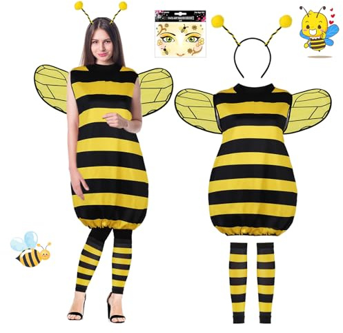 IWTBNOA Biene Kostüm für Erwachsene, 4-Teiliges Hummel-kostüm für Erwachsene, Carnaval Bienenkostüm, Faschings-Kostüme mit Flügeln, Beinärmel und Haarreif, für Karneval Party Cosplay