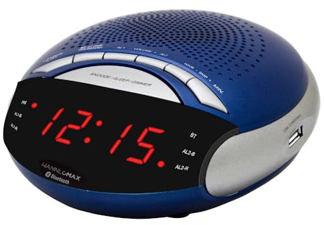 HANNLOMAX HX-139CR Alarm Clock Radio, PLL FM Radio with Preset Stations, Dual Alarm, 0.6” Red LED Display, USB Port for 1A Charging, Bluetooth, AC Power Operation only. (Blue)
