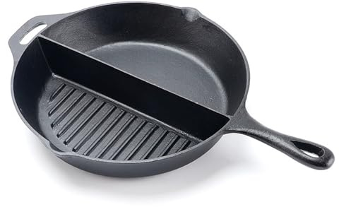 12.7 Inch Divided Grill Pan | Unseasoned Cast Iron Skillet | Cast Iron Flat Pan for Indoor Kitchen and Outdoor Camping