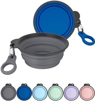Heouvo Cuencos plegables para perros con portabotellas, paquete de 2 cuencos de agua de viaje para perros con mosquetón mejorado, borde moldeado de una sola pieza que no se cae ni se agrieta