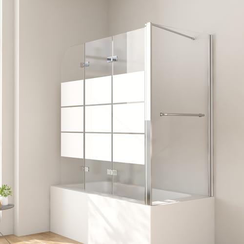 Duschwand für Badewanne 120 x 140 cm Badewannenfaltwand 3-teilig Gestreift Faltbar mit 80 cm Seitenwand Duschtrennwand 6mm Nano Glas Silber Faltwand Duschabtrennung