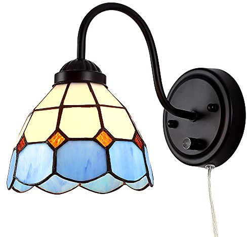 Tiffany Wandleuchte Mit Dimmbarem Schalter, Industrial Vintage Schwanenhals Mit Plug-in Cord, Seeblaue Buntglasschirm, Perfekt für Schlafzimmer, Wohnzimmer