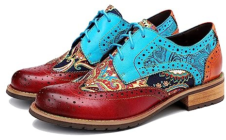 Women's Handmade Lambskin Oxford Loafers Shoes with Retro Ethnic Printed Style, Brock Design for Casual and Fashion Collegiate Style（Brock：Blue and Brown 8.5/9）