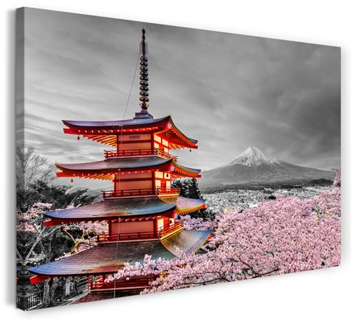 Printistico Leinwandbild (60x40cm) Asiatischer Tempel, Japan Fotografie mit Kirschblüten, echter Holz-Keilrahmen inkl. Aufhänger, handgefertigt in Deutschland
