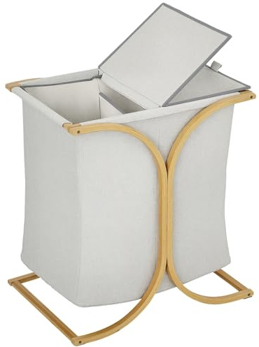 HOMCOM Portabiancheria a 2 Cesti con Coperchio in Bambù e Poliestere, Cesto Portabiancheria con Coperchio Doppio, 55x40x62 cm, Grigio e Color Legno