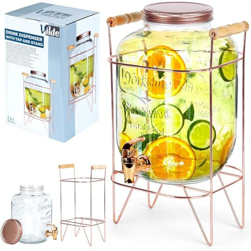 Brocca in vetro dispenser per bevande, con rubinetto e supporto dorato, 5 l