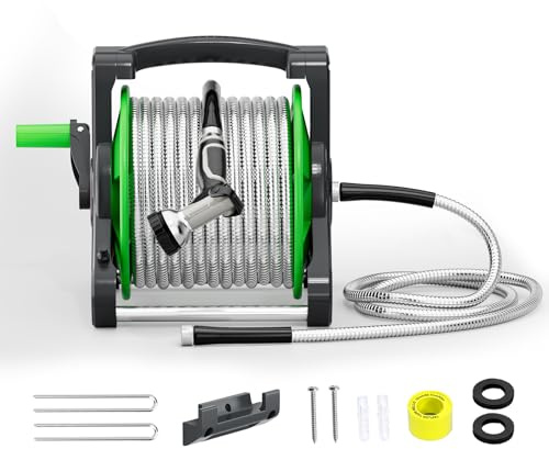 SPECILITE Portable Garden Hose Reel with 75ft Heavy Duty 304 Stainless Steel Water Pipe, Wall Mount Lightweight Winder Combo with Nozzle for Outside, Yard, Patio