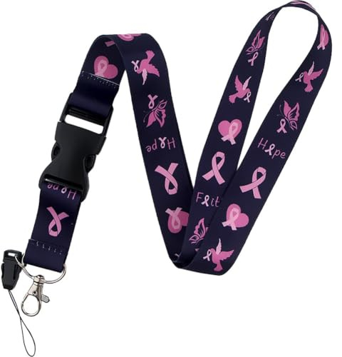 Muteitt Lanière De Sensibilisation Au Cancer du Sein, Ruban Rose, Porte-clés, Porte-Badge D'identification, Lanière De Sensibilisation Au Cancer du Sein pour Badges D'identification