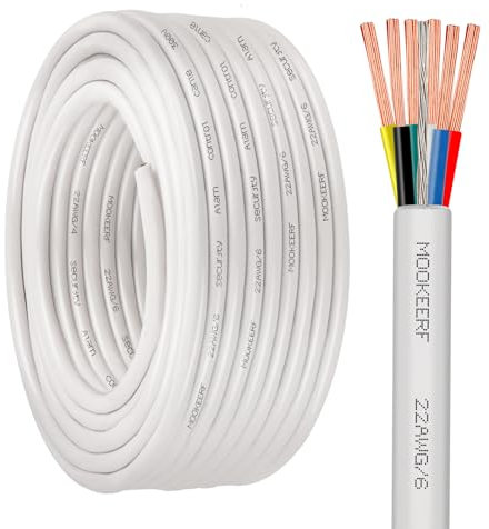 MOOKEERF 22/6 22AWG Shielded Wire 6 Conductor 50FT Shielded Plenum Cable White CL3P Jacket Alarm Control Cable Stranded Pure Copper for Low Voltage LED,Burglar System,Fire Detector,Security Station