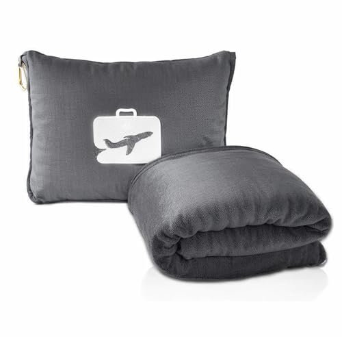 Amexo Reisedecke Kissen 2 in 1, Weich Warm Reisedecke und Kissen mit Kissenbezug, Ultraleicht Tragbare Reise Decke für Flugreisen Geschäftsreisen Büro (Grau)