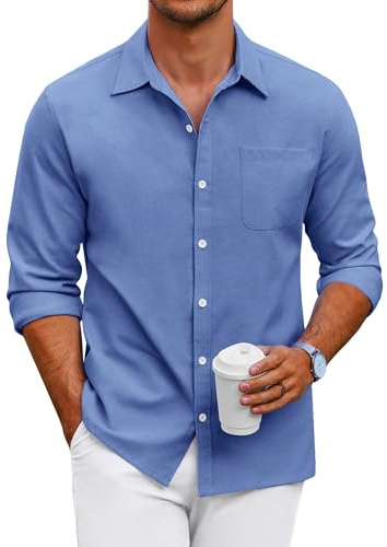 COOFANDY Skjorta för män, långärmad fritidsskjorta, normal passform, oxfordskjorta, affärsskjorta, button down, skjortor med bröstficka, enfärgad, azurblå, L