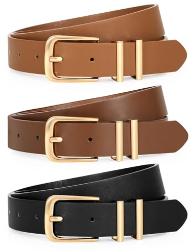 WERFORU 3 Pack Women's Leather Belts for Jeans Dresses Fashion Ladies Gold/Sliver Buckle Leather Belts