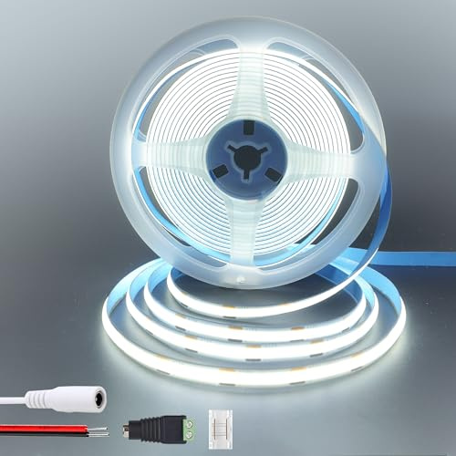 Clearhill 12V COB led tira luces 6.56FT / 2M (sin fuente de alimentación), blanco fresco 6500K, 320LEDs / M, con 5521DC hembra y conectores de alambre rojo y negro, ancho de 8mm, IP20