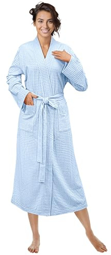 PAVILIA Womens Waffle Robe Lightweight Cotton Blend, Light Blue, L/XL