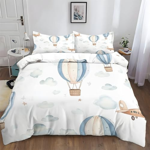 XCQHZYQ Juego de Funda Nórdica 3 Piezas Infantil para Cama 90 Avión Acuarela Globo Aerostático Juego de Funda de edredón 150x200 cm, Fundas de Cama de Polialgodón Suave Fundas Nórdicas