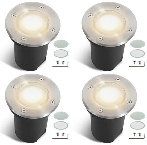 Fiqops 4er Set Bodenstrahler außen IP67,Bodeneinbaustrahler aussen mit LED GU10 3W Naturweiß (Wechselbar) rund Schwenkbar Silber Mit Mattierten Ersatzlinsen Bodenspot befahrbar 230V