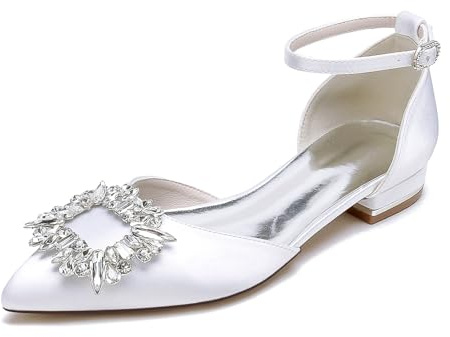 TNMIUH Kvinnors ankelrem med sluten tå Låg klack Platta bröllopsskor, strass spetsad tå Satin Brudskor, Brudtärnor Skor,White,39 EU
