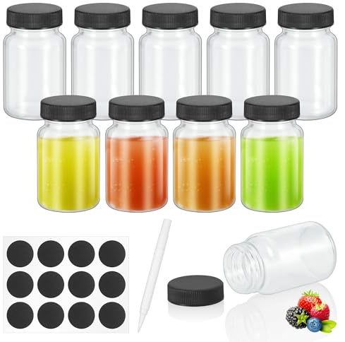 MICHIHOMIE Small Glass Shot Bottles with Lids, 10 Pack 60ml Mini Glass Bottles, Reusable Ginger Shots Bottle with Labels, Ideal for Juice, Oils, Sauces, Spices, Potion