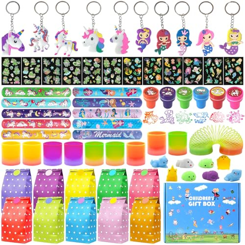 FEMBW Einhorn Deko Mitgebsel Kindergeburtstag, Gastgeschenke Kinder für Party, Give Aways Kindergeburtstag Mädchen mit Spirale Spielzeug Schlüsselanhänger Einhorn Meerjungfrau Stempel Tattoo