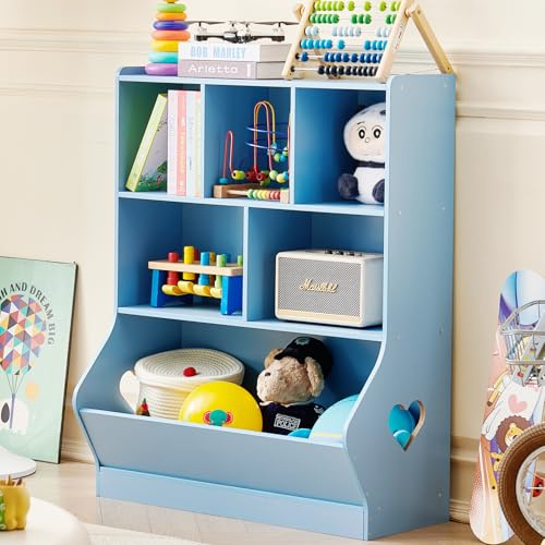 LELELINKY Bücherregal Kinder mit 6 Ablagefächer, 80 x 24 x 100cm,Blau