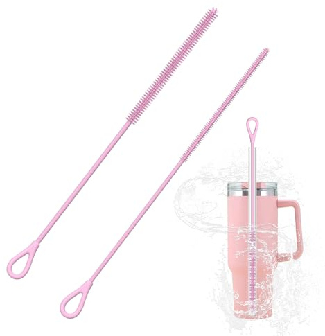 2 PCS Scovolino per Bottiglie Silicone [6 mm + 9 mm] riutilizzabili e flessibili, con gancio, spazzola per vetro, cannucce metalliche, biberon e bicchieri, manico antiscivolo (rosa)