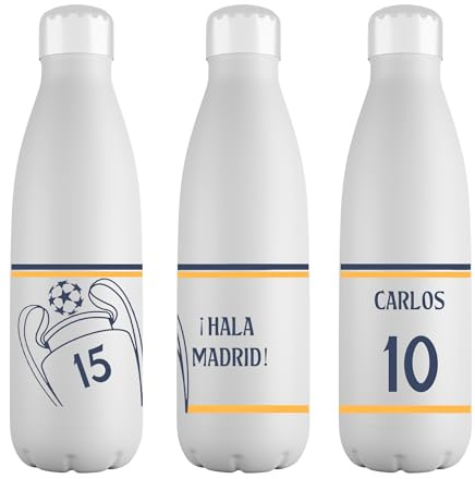 Mookase Botella Personalizada del Real Madrid con Nombre y Numero - Botella de Acero Inoxidable de 700 ml - Regalo Original.