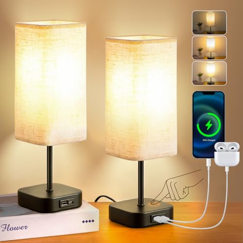 YMEP Bedside Table Lamp Touch Control Dimmable, Charging LED Bedroom Living Room Lamps Dimmer USB A+C Port Charger 2 Pack Includes 2 E27 Bulbs