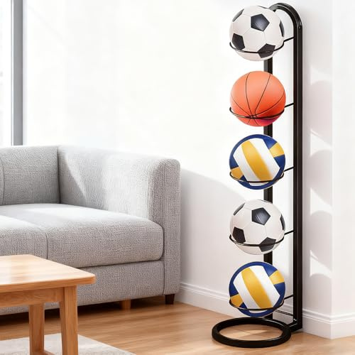 WEFHEF Porta Palloni Calcio, PortaPalloni a 5 Livelli Rastrelliera da Basket Verticale, Supporto per Palloni Rimovibile e Salvaspazio, Scaffale per Basket, Calcio e Pallavolo (Nero)