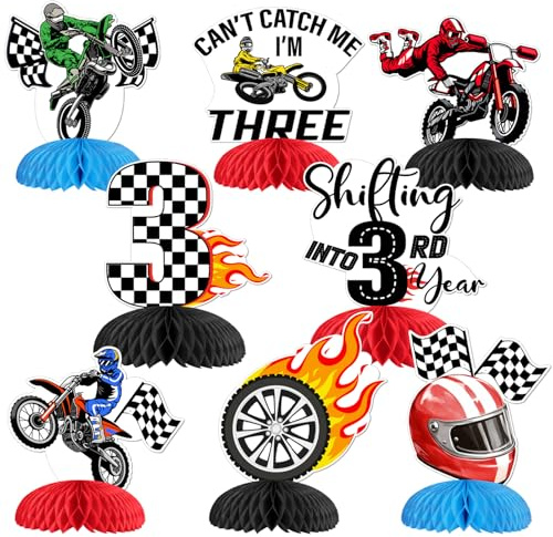 Motorcycle 3rd Birthday Honeycomb Centerpieces 8pcs Dirt Bike Third Birthday Decors Can't Catch Me I'm Three Table Decor Motocross Motorcycle Motorbike Racing Extreme Sports Rider Bday Party Supplies