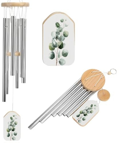 Minimales Wasserfarbenwindspiel mit botanischem Eukalyptuszweig, Gedenkspiel, tiefer Ton, Windspiel mit 6 Aluminiumrohren, Outdoor-Hinterhof, Gartendekoration