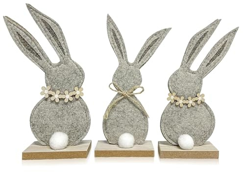Osterhasen Deko Groß Filz, Osterdeko Holz Figuren Hase, Ostern Deko Tisch Set, Ostern Dekoration Innen, Osterdeko Modern Niedliche, D-eko zum Hinstellen Aufsteller für Garten (Filz-Graukaninchen-3pc)