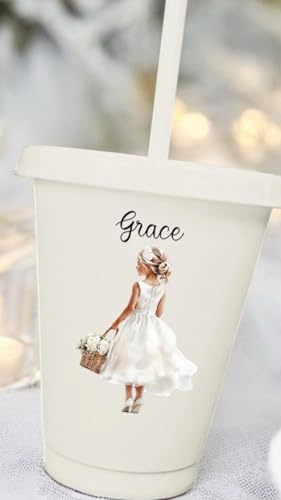 CraftyGstudio Personalised Flower Girl Cup, 16oz, with Straw and Lid, Custom Name Wedding Keepsake Gift